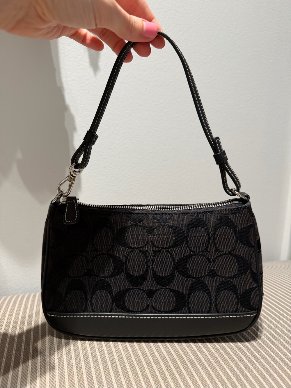 Coach Vintage Black Signature Jacquard Shoulder Bag with Leather Trim